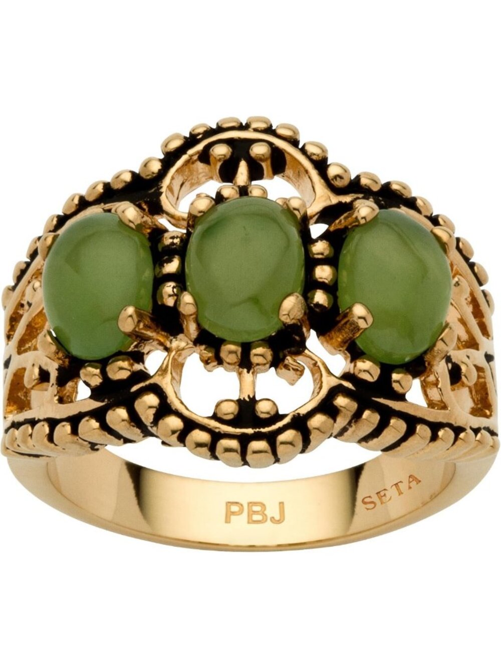 Antiqued Yellow Gold-Plated Oval Green Jade 3-Stone Ring, Sizes 5-10